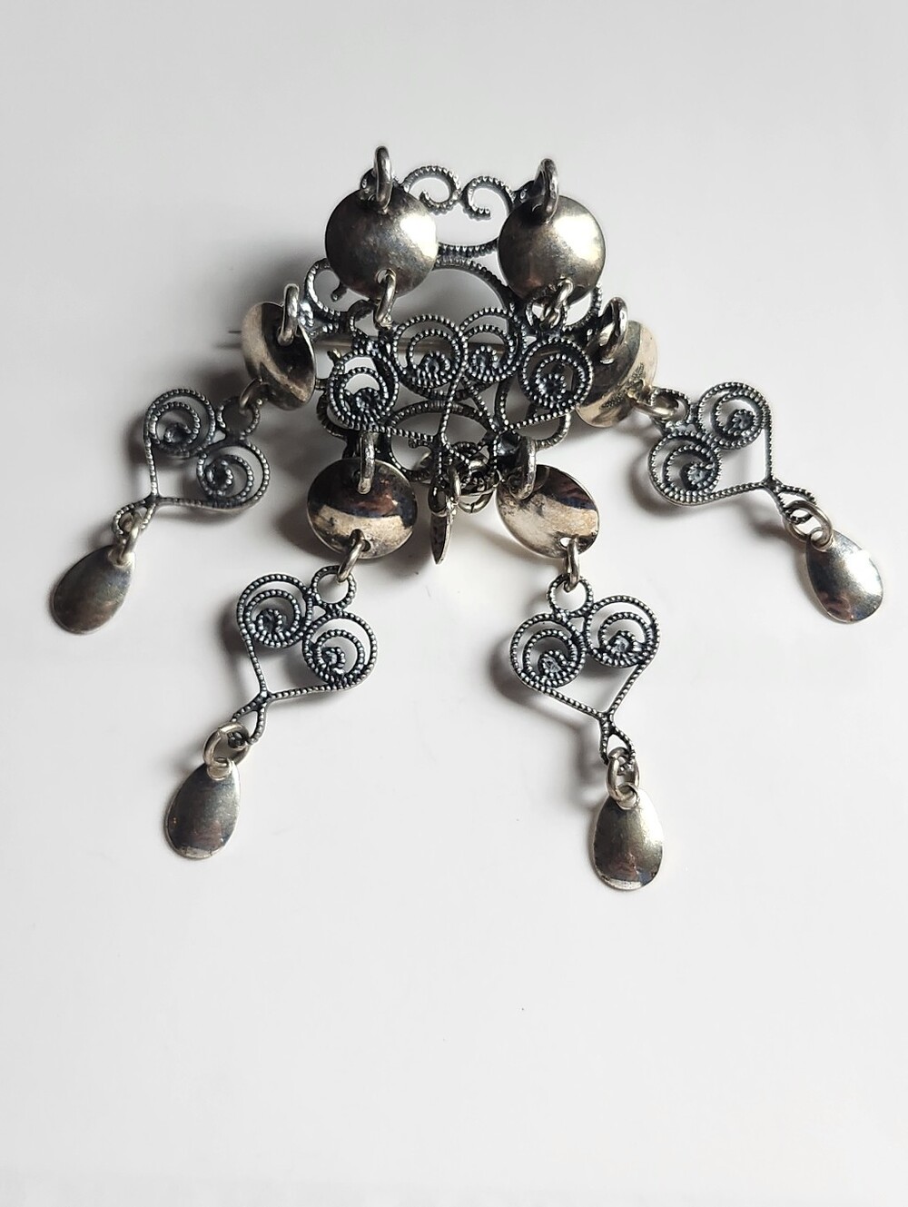 Vtg Norwegian Solje Sterling Silver Filigree Dangling Brooch - Signed